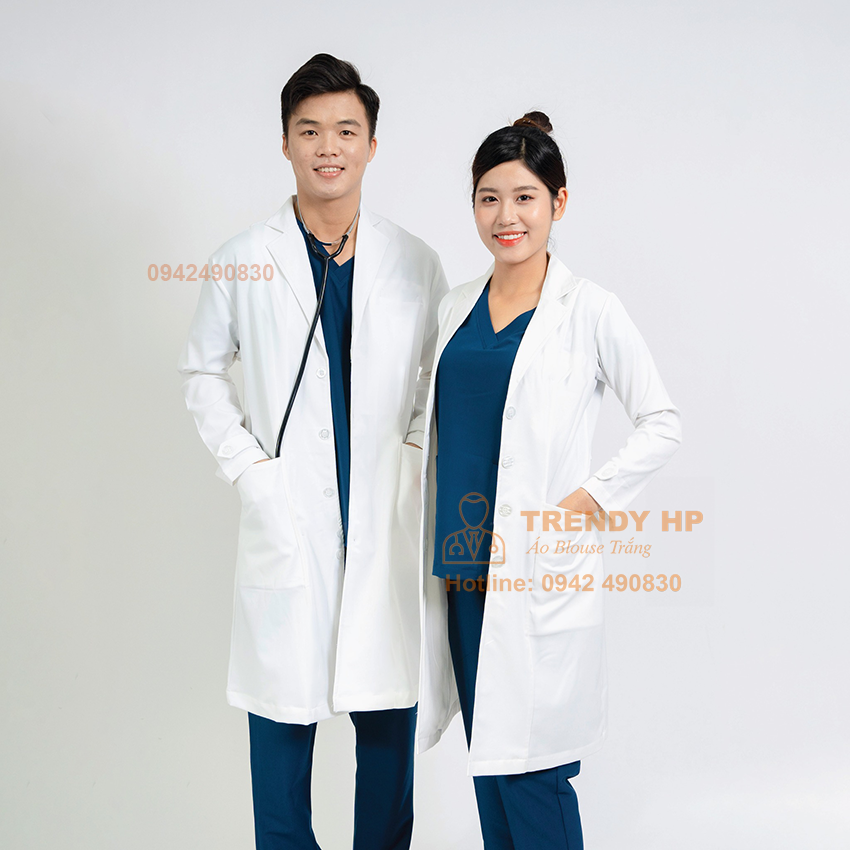 Áo choàng blouse trắng cổ Vest Cotton cao cấp cho bác sĩ, dược sỹ, phòng thí nghiệm, spa, thẩm mỹ viện