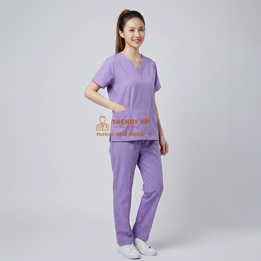 Bộ scrubs bác sĩ, kỹ thuật viên Cotton Cao Cấp màu Tím cho bệnh viện, phòng khám, thẩm mỹ viện, spa