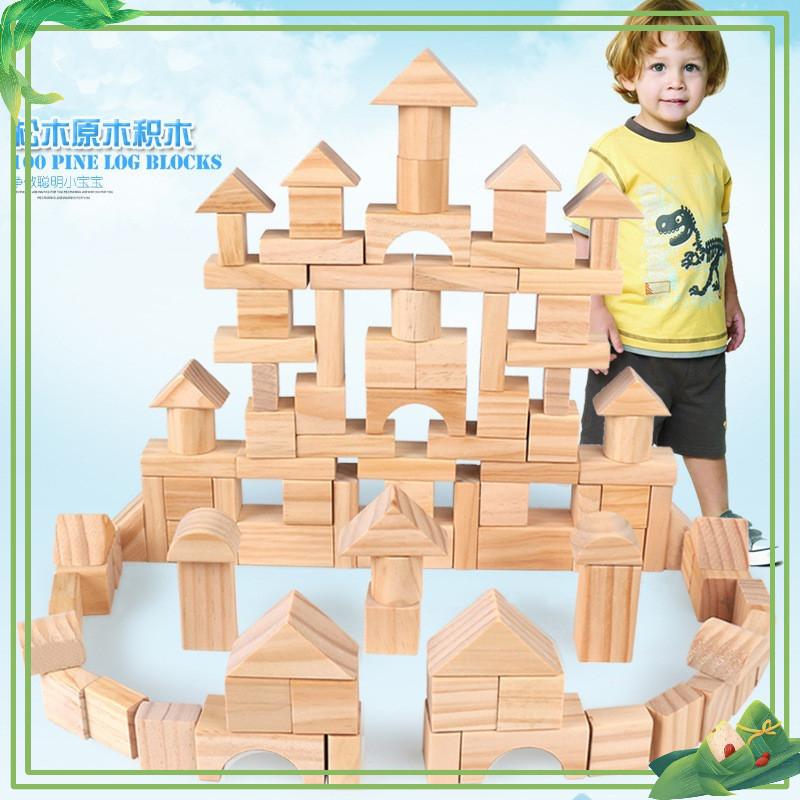 Set Bộ khối 100 chi tiết gỗ mộc đồ chơi xếp hình gỗ khối lớn