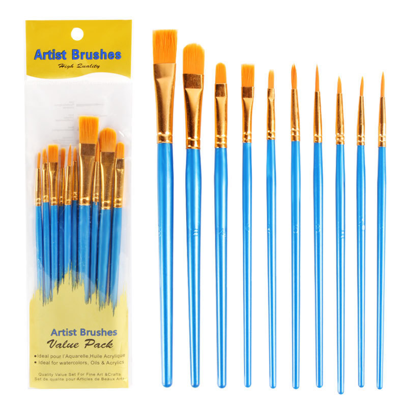Set 10 Cọ Vẽ Màu Nước Cán Nhựa Gồm 2 Loại Đầu Cọ  vẽ  cho bé