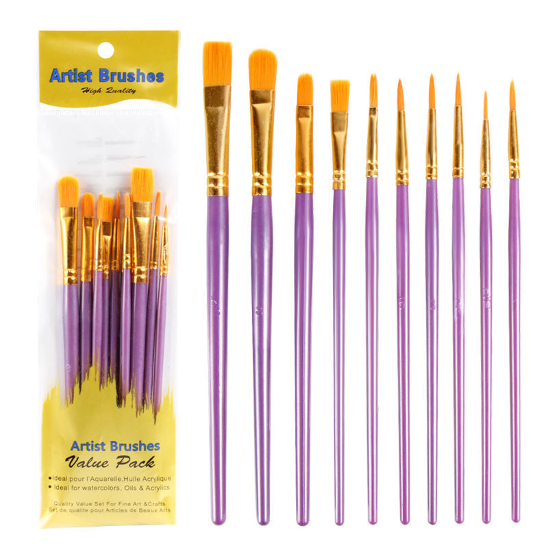 Set 10 Cọ Vẽ Màu Nước Cán Nhựa Gồm 2 Loại Đầu Cọ  vẽ  cho bé