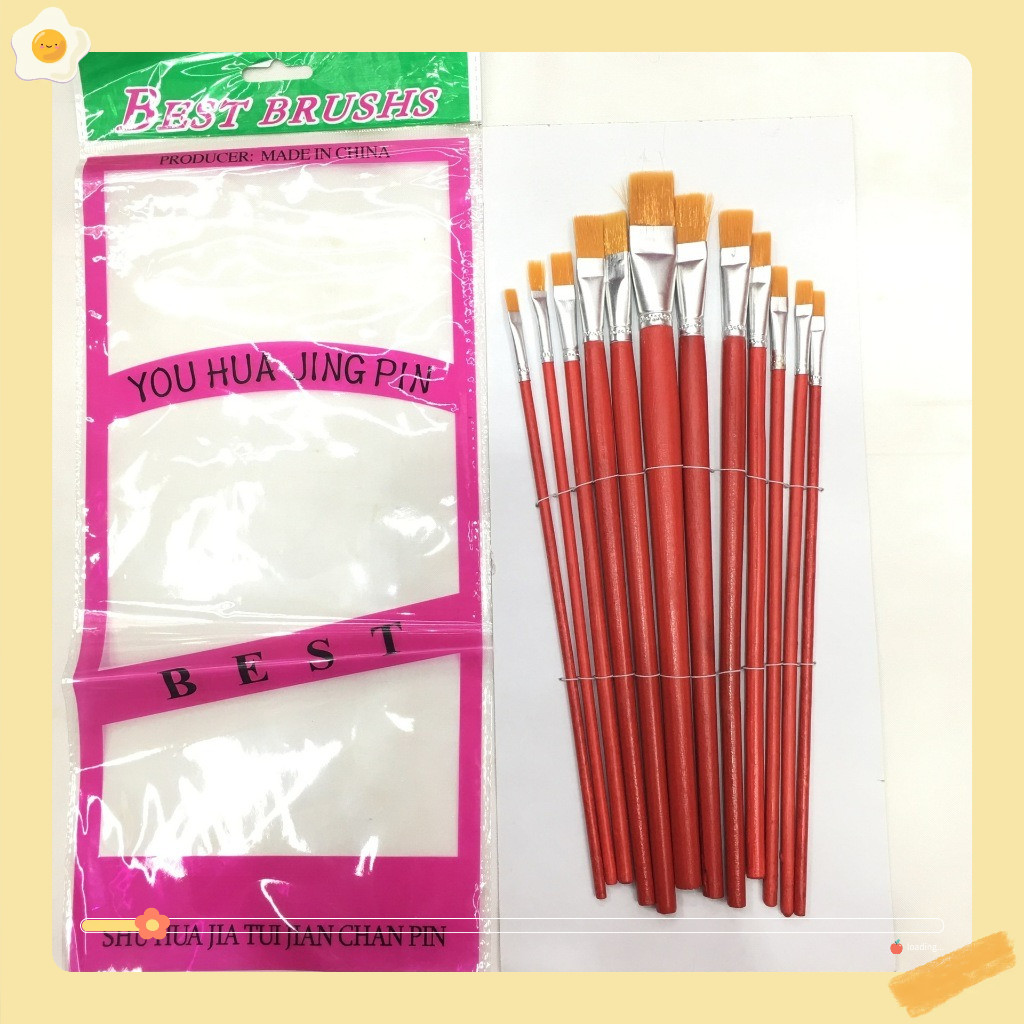 Bút lông - Cọ vẽ - Cọ tô màu đầu dẹt lông mịn set 12 Cọ Vẽ  bút lông thân gỗ