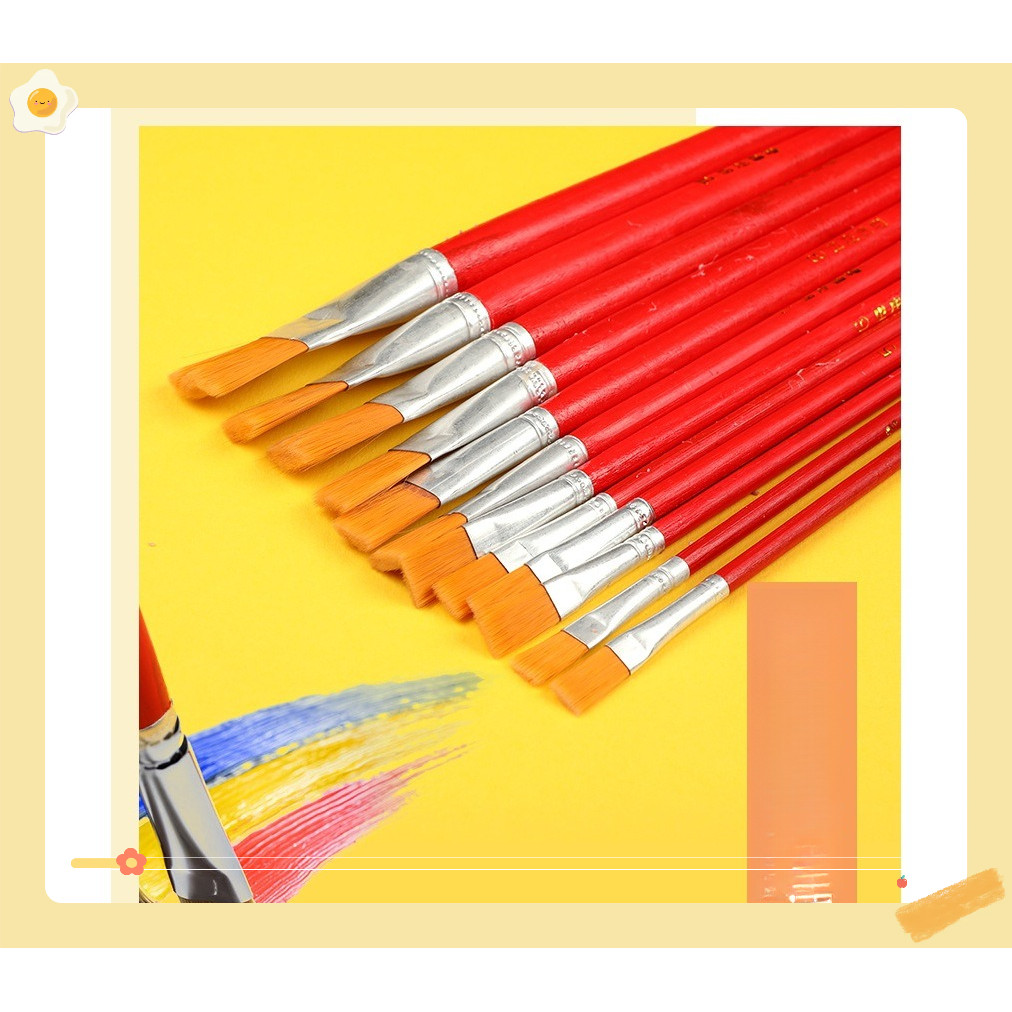 Bút lông - Cọ vẽ - Cọ tô màu đầu dẹt lông mịn set 12 Cọ Vẽ  bút lông thân gỗ