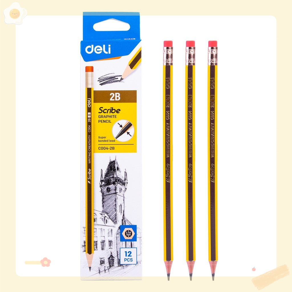 Bút chì 2B Deli học sinh - Viết chì - Scribe kẻ sọc vàng sọc đen - 12 chiếc/ hộp - C004