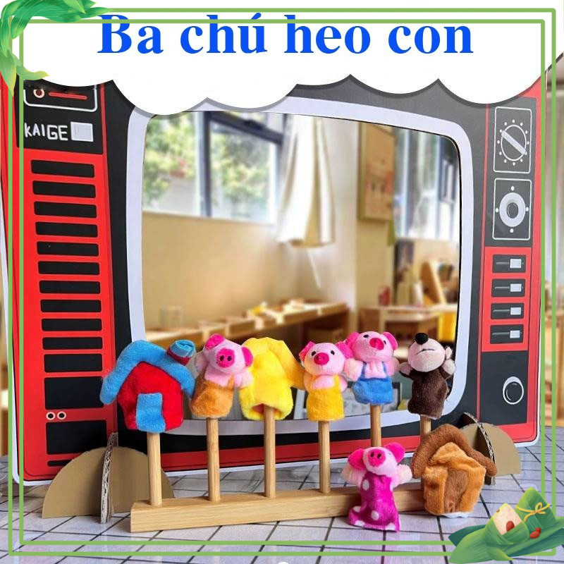 Rối ngón tay kể truyện: Ba chú heo con ( set 5 nhân vật 3 nhà)