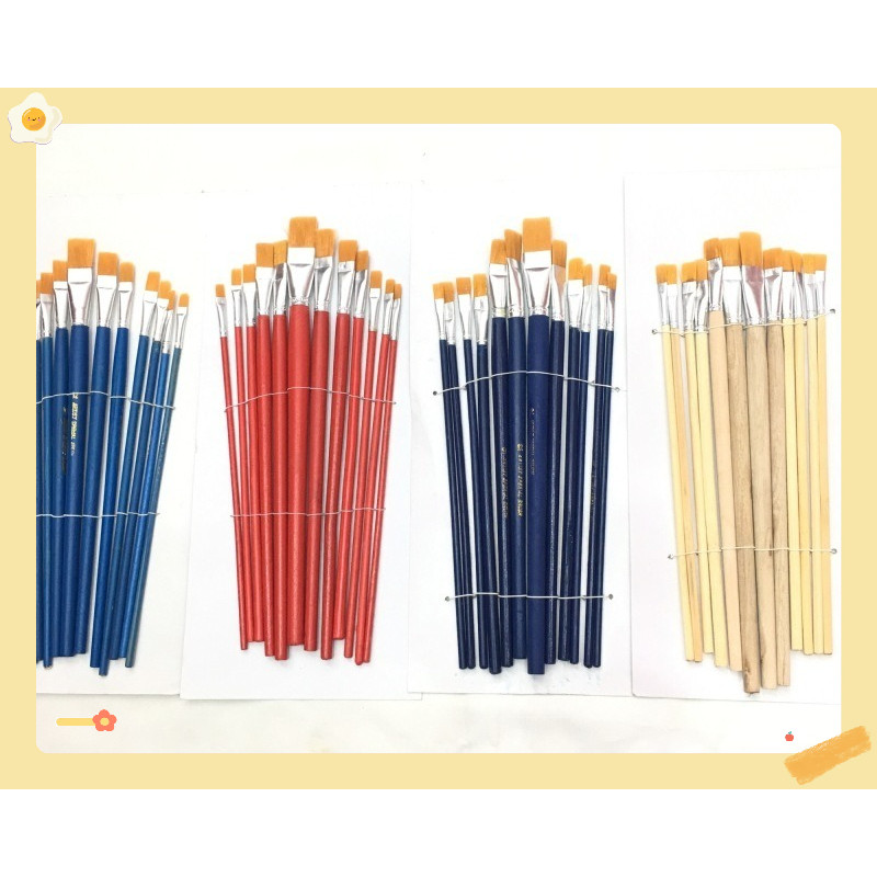 Bút lông - Cọ vẽ - Cọ tô màu đầu dẹt lông mịn set 12 Cọ Vẽ  bút lông thân gỗ