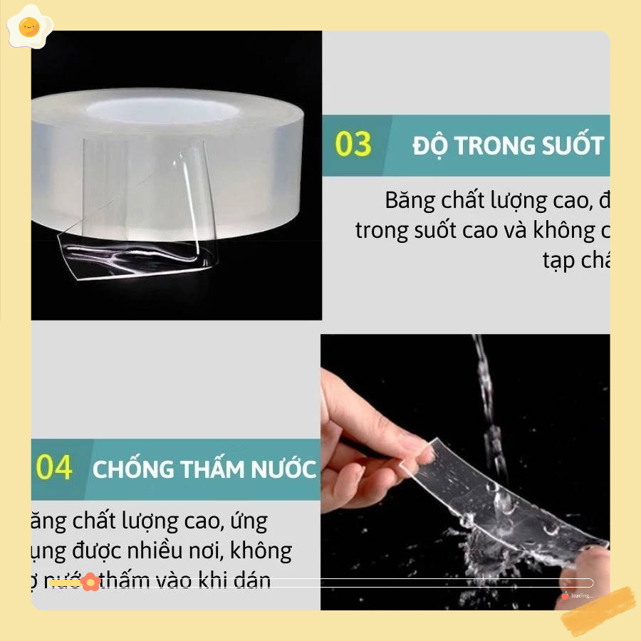 Băng Dính 2 Mặt Siêu Dính Băng Keo Nano Trong Suốt chịu lực và chịu nhiệt tốt