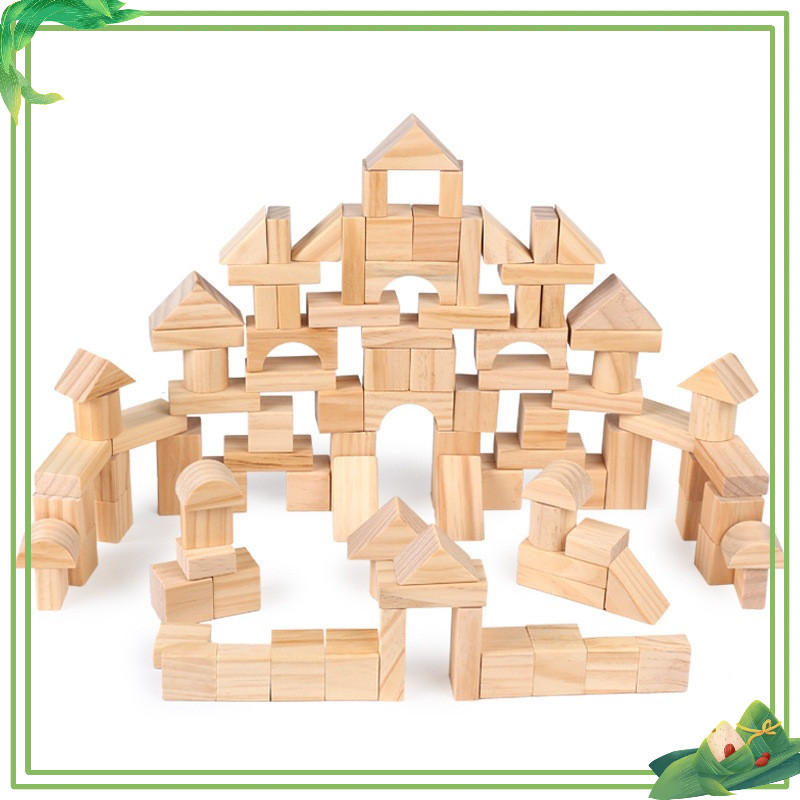 Set Bộ khối 100 chi tiết gỗ mộc đồ chơi xếp hình gỗ khối lớn
