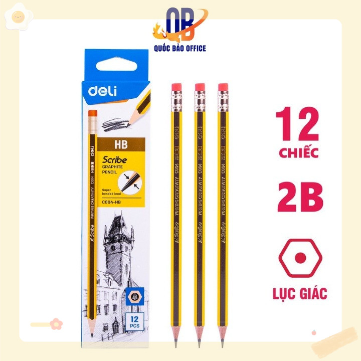 Bút chì 2B Deli học sinh - Viết chì - Scribe kẻ sọc vàng sọc đen - 12 chiếc/ hộp - C004