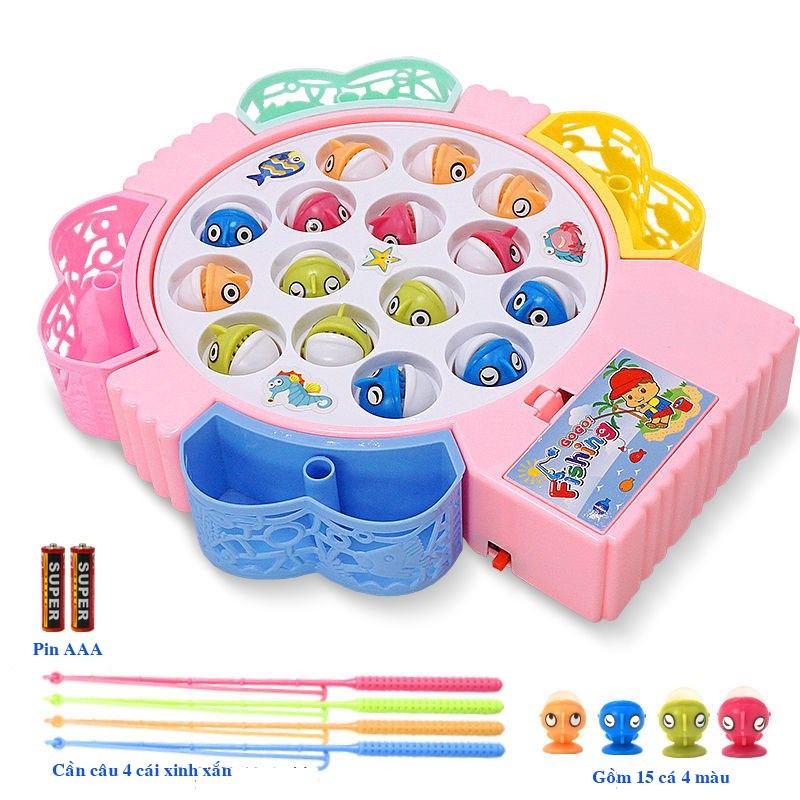 Bộ đồ chơi câu cá điện trẻ em set 15 con 4 cần câu size to có nhạc ( tặng pin)