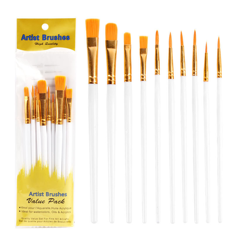 Set 10 Cọ Vẽ Màu Nước Cán Nhựa Gồm 2 Loại Đầu Cọ  vẽ  cho bé