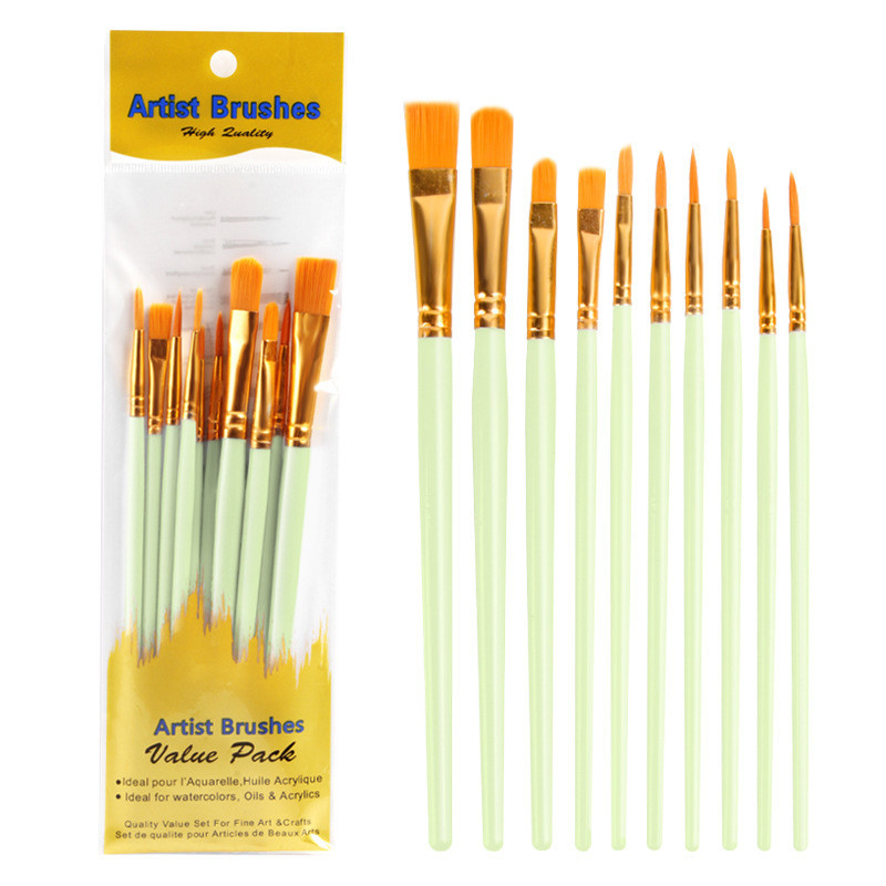 Set 10 Cọ Vẽ Màu Nước Cán Nhựa Gồm 2 Loại Đầu Cọ  vẽ  cho bé