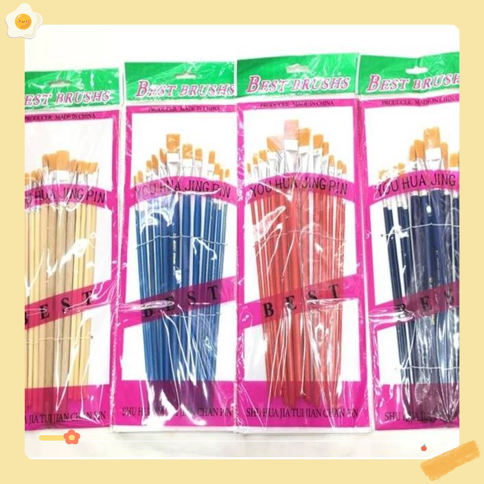 Bút lông - Cọ vẽ - Cọ tô màu đầu dẹt lông mịn set 12 Cọ Vẽ  bút lông thân gỗ
