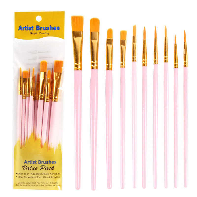Set 10 Cọ Vẽ Màu Nước Cán Nhựa Gồm 2 Loại Đầu Cọ  vẽ  cho bé