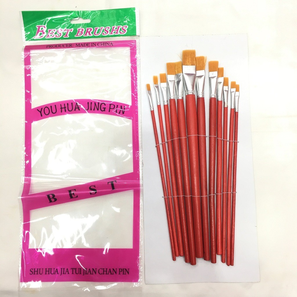 Bút lông - Cọ vẽ - Cọ tô màu đầu dẹt lông mịn set 12 Cọ Vẽ  bút lông thân gỗ