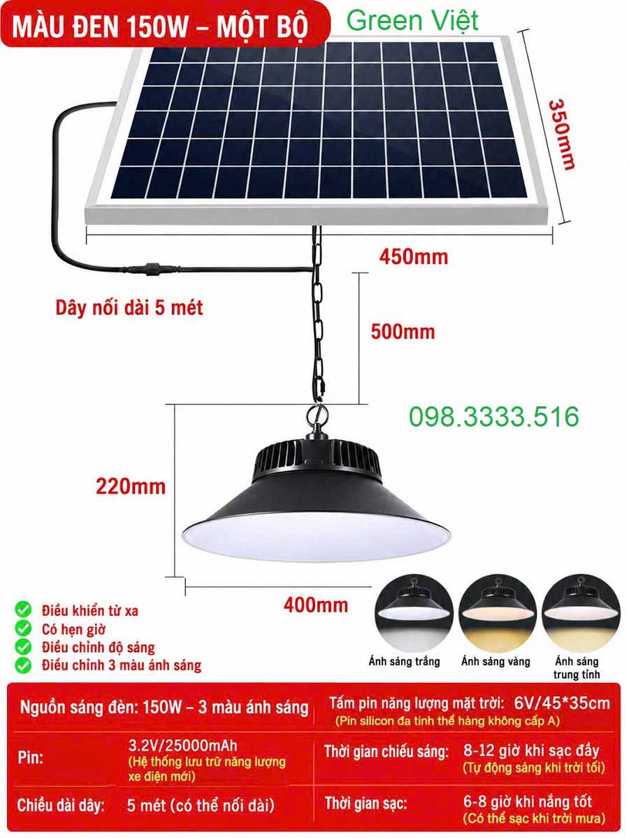 Đèn Nón Năng Lượng Mặt Trời 150W Trong Ngoài Nhà, Nhất Trang Trí
