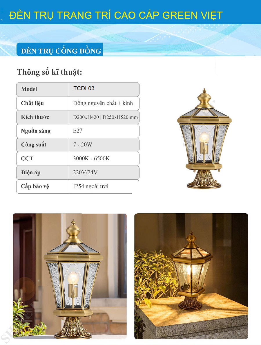 Đèn trụ cổng đồng trang trí TCDL03 Cổng Hàng Rào Biệt Thự 25Cm, 30Cm