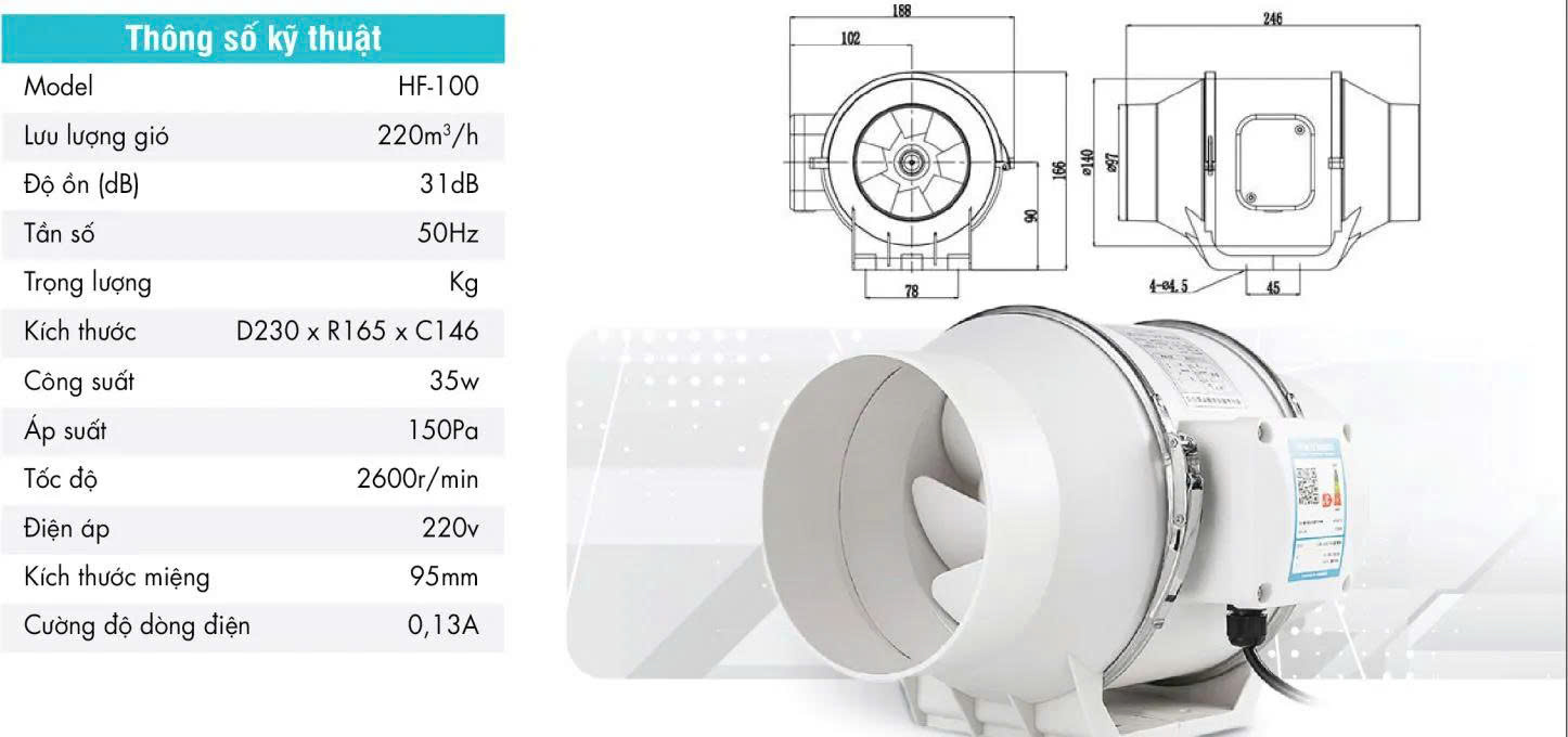 Quạt Hút Mùi Thông Gió Nối Ống Cao Cấp HGP-100