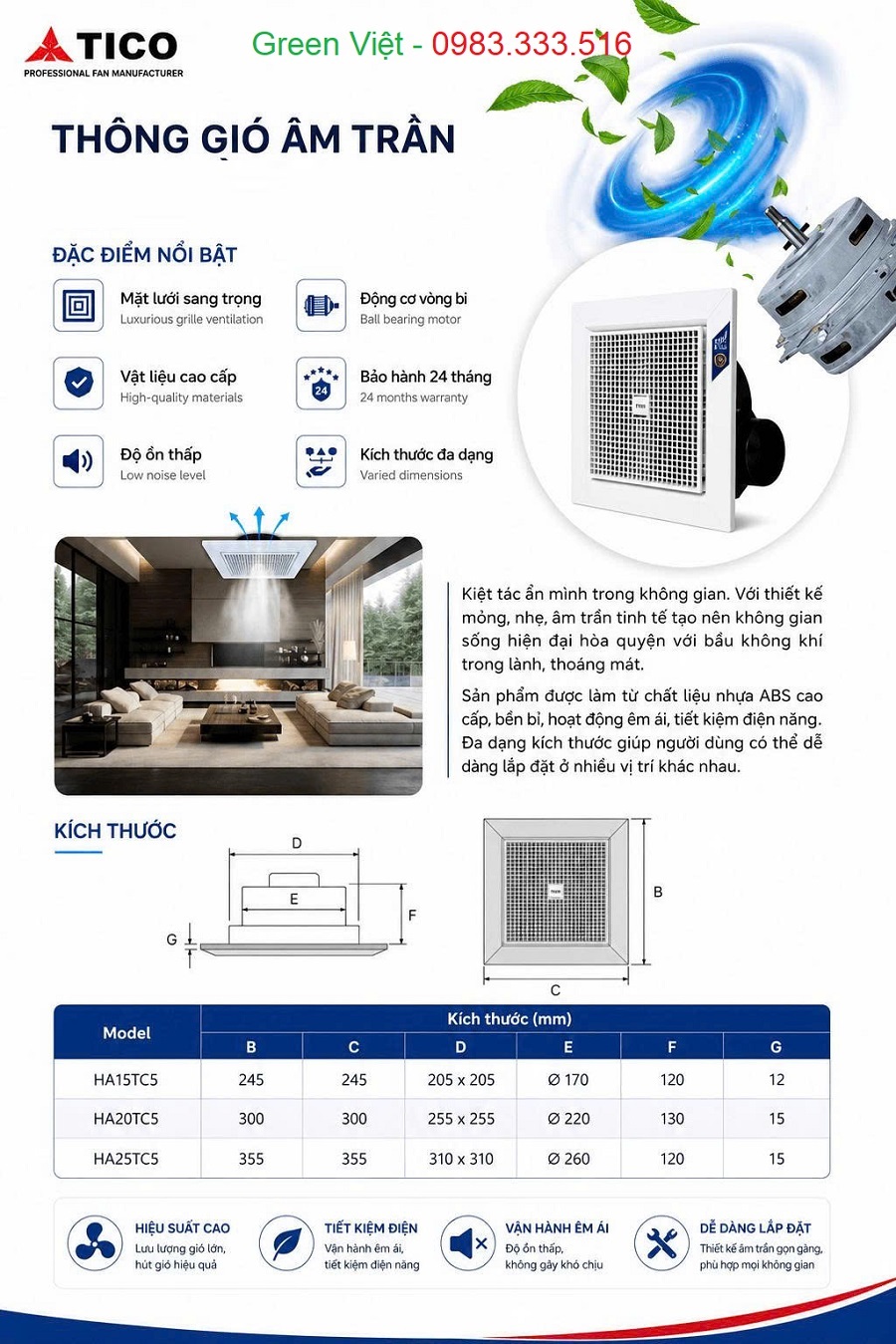 Quạt Thông Gió Luxury Tico HA15TC4, HA20TC4, HA25TC4