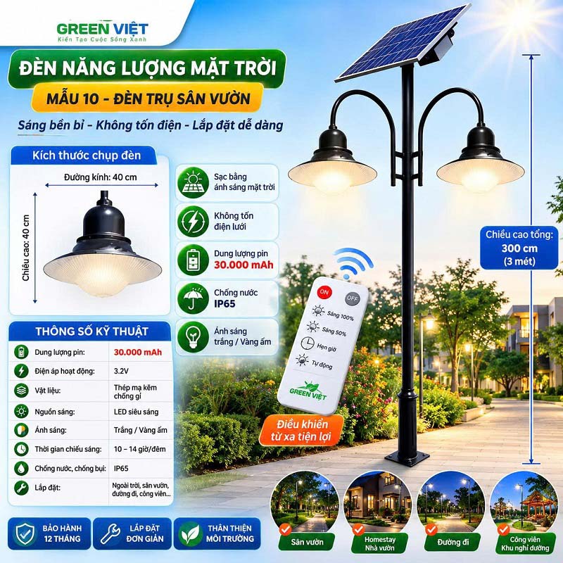 Bộ Cột Đèn Năng Lượng Mặt Trời Sân Vườn CV-1015