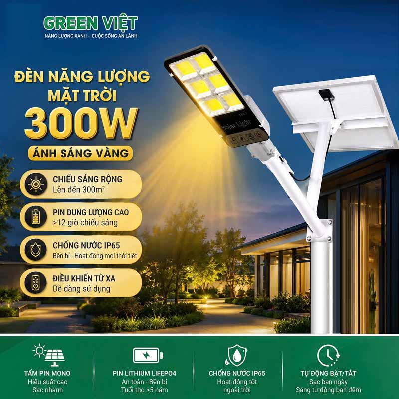 Đèn đường năng lượng mặt trời ánh sáng vàng 300w