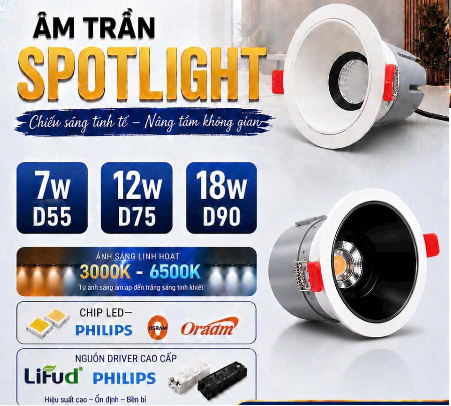 Đèn led âm trần Spotlight chống chói 7W/12W Phi 75- Đèn chiếu điểm spotlight cao cấp