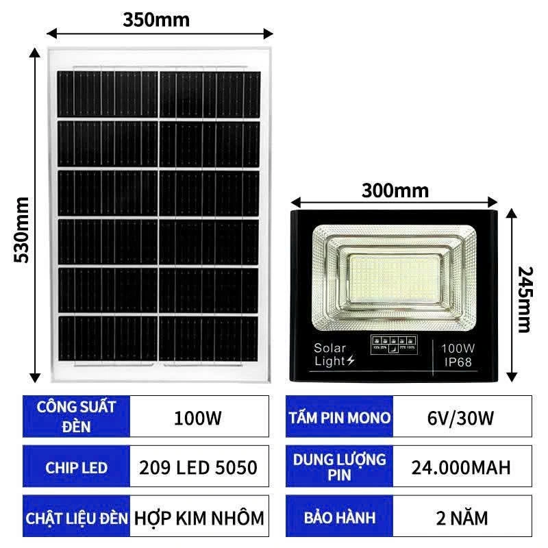 Đèn năng lượng mặt trời 100w báo pin vỏ nhôm
