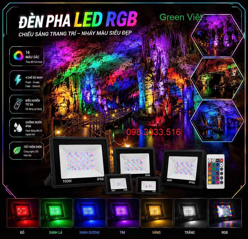 Đèn Pha Led Nhiều Màu RGB 10W, 20W, 30W, 50W đến 100W