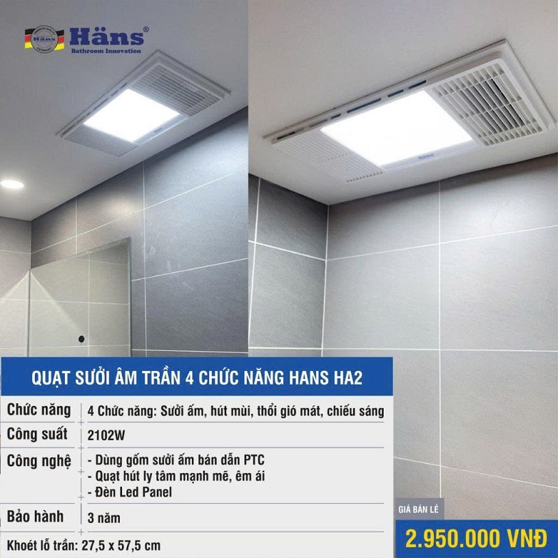 Đèn Sưởi Âm Nhà Tắm Công Nghệ Đức HA2 Âm Trần Mới Nhất