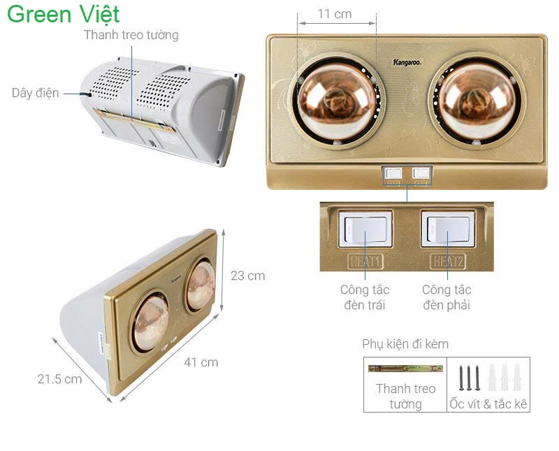 Đèn sưởi nhà tắm Kangaroo KG247 2 bóng