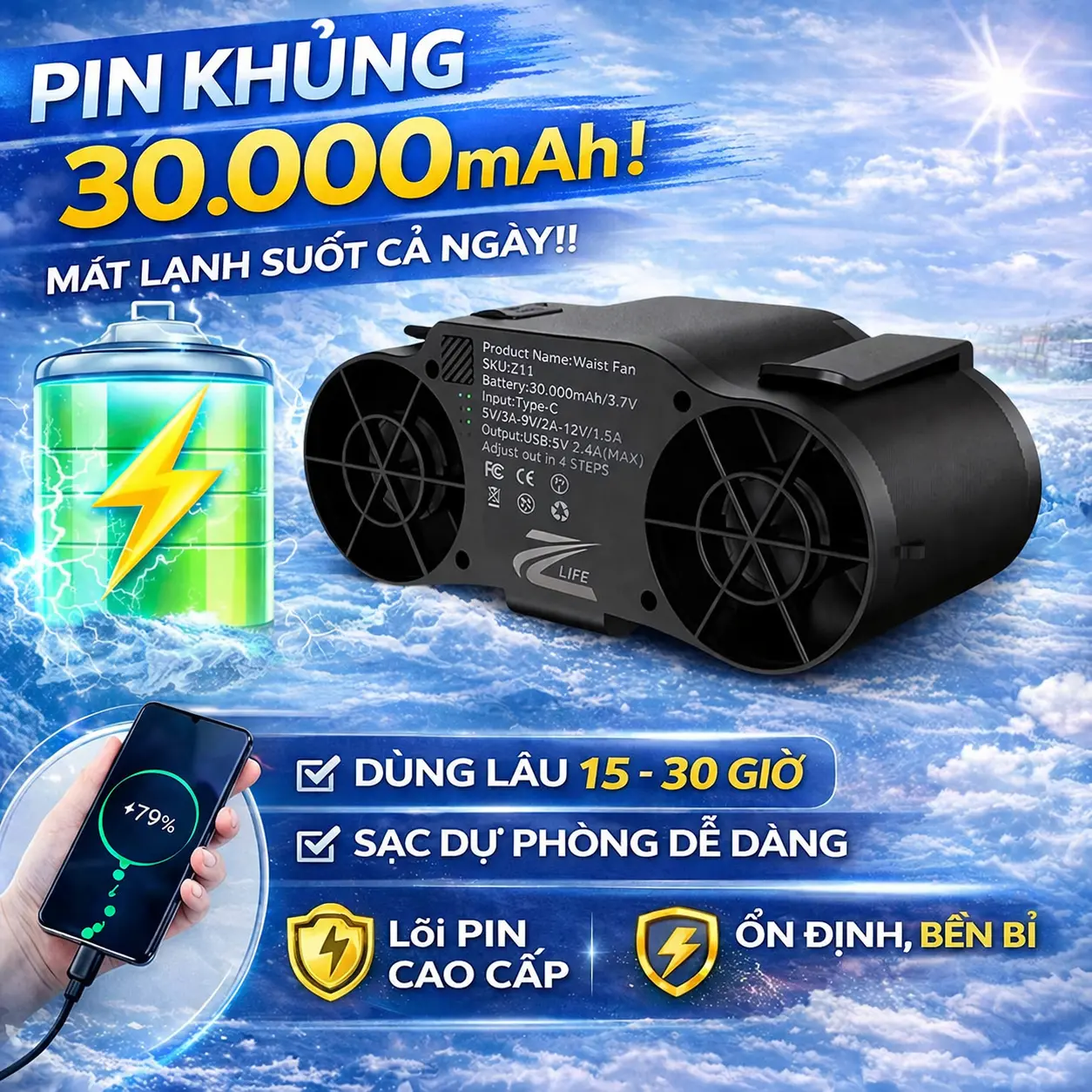 Quạt Tích Điện Đeo Thắt Lưng QDL02