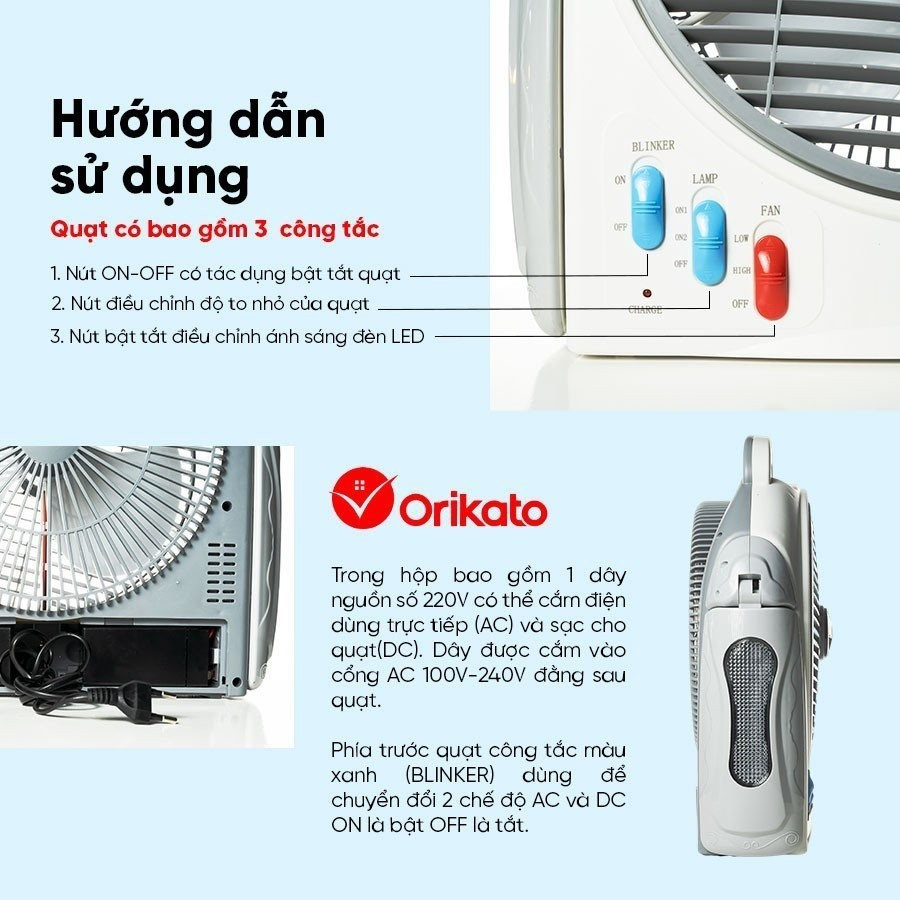Quạt tích điện hai bình ắc quy DN.3221 có đèn thắp sáng