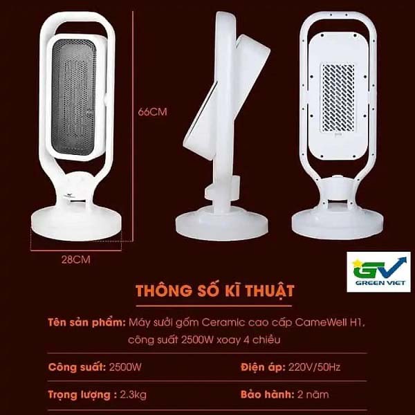 Máy sưởi ấm bằng gốm Ceramic an toàn GH02 hàng chính hãng Green Việt