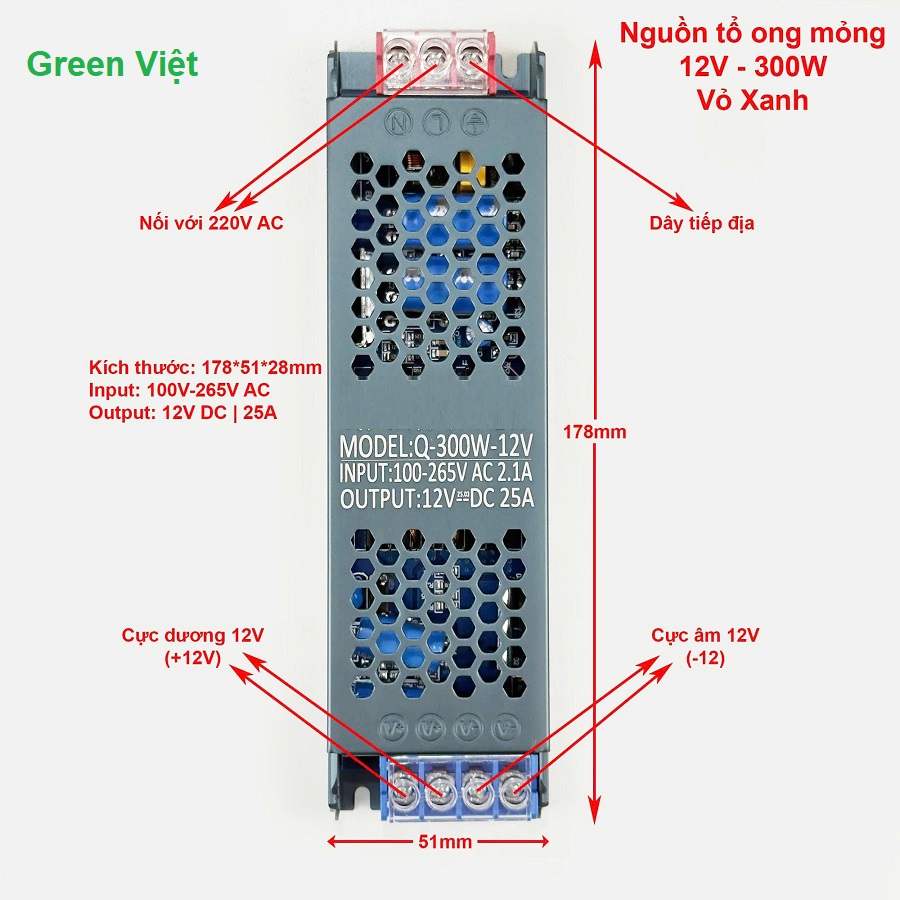 Nguồn tổ ong 12V siêu mỏng 25A công suất 300W