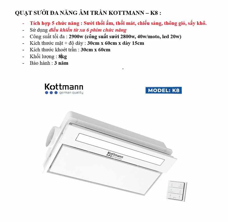 Quạt Sưởi Âm Trần Đa Năng Kottmann K8
