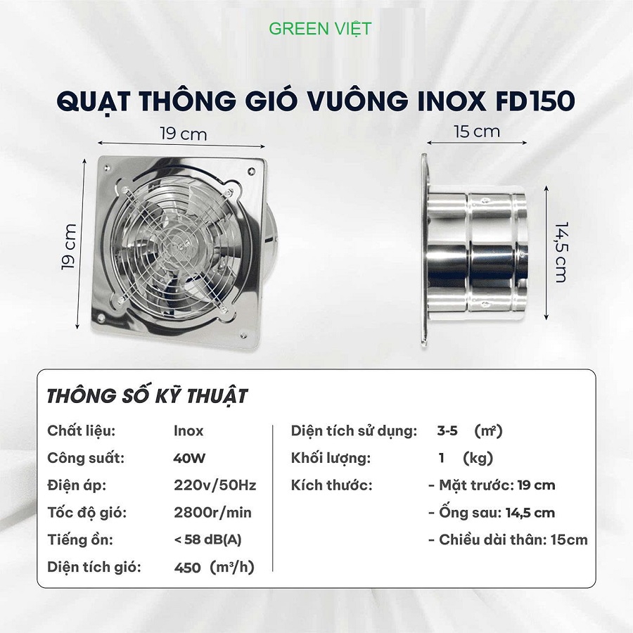 Quạt Thông Gió INox FD150, FD200, FD250, FD300 – Green Việt