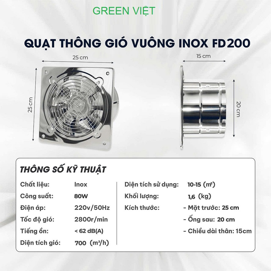 Quạt Thông Gió INox FD150, FD200, FD250, FD300 – Green Việt