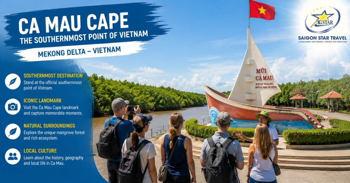 Travelers visiting Ca Mau Cape at the southernmost region of Vietnam