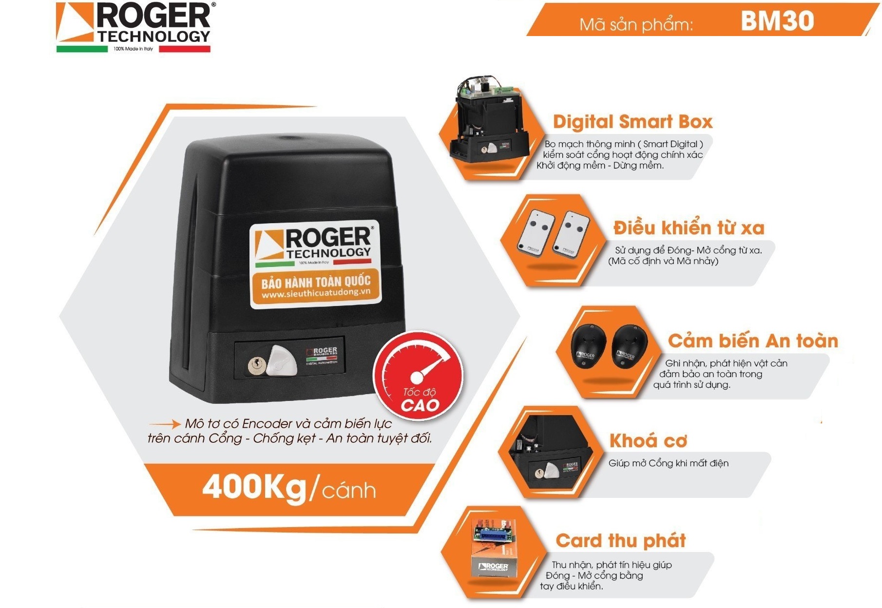 Motor cổng lùa Roger BM30 400kg Italia