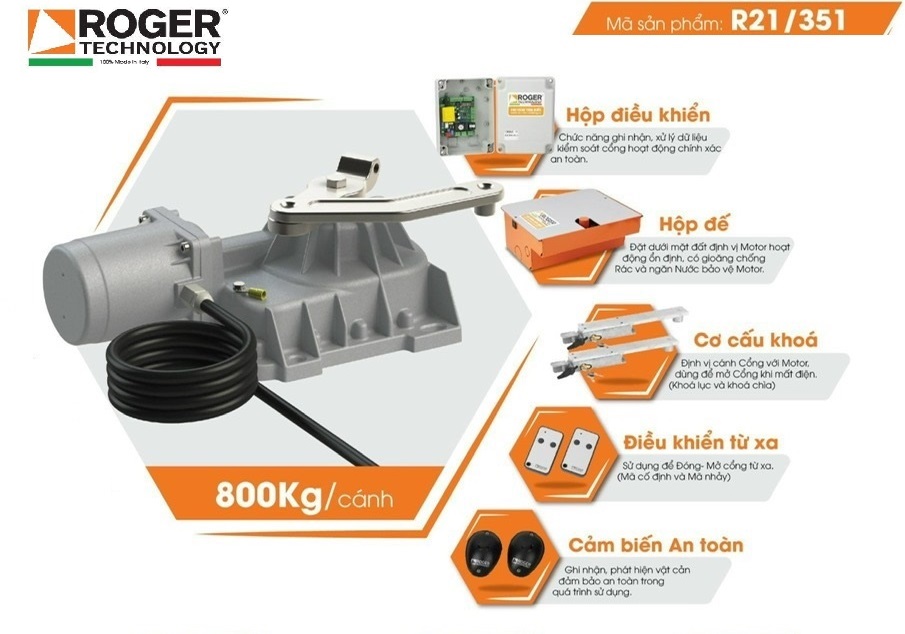 Motor cổng âm sàn Roger R21/351 230v 800kg Italia
