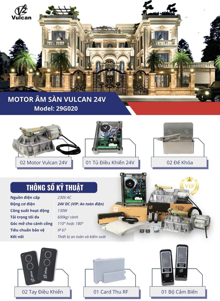 Cổng âm sàn Vulcan 24v 600kg Italia