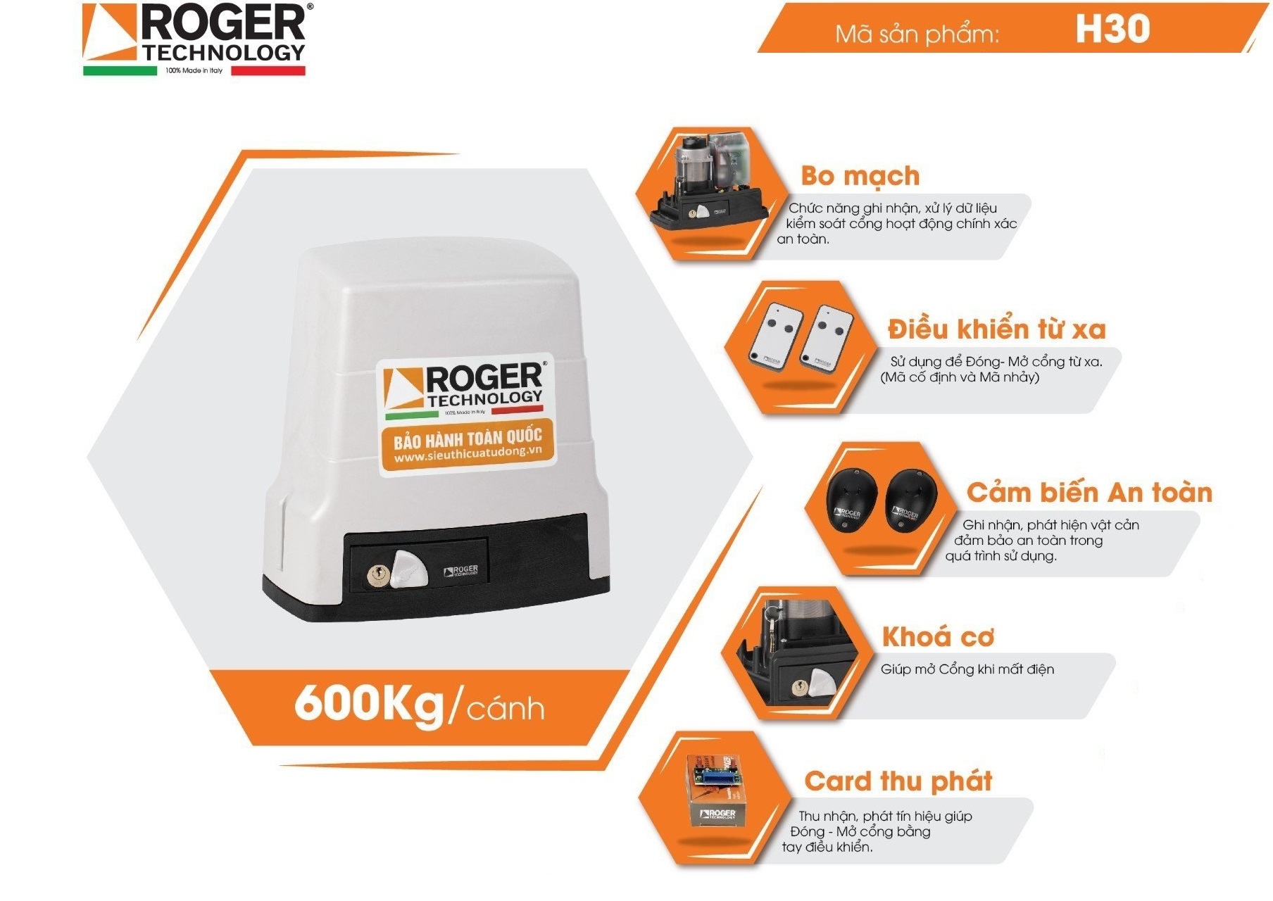 Motor cổng lùa Roger H30 600kg Italia