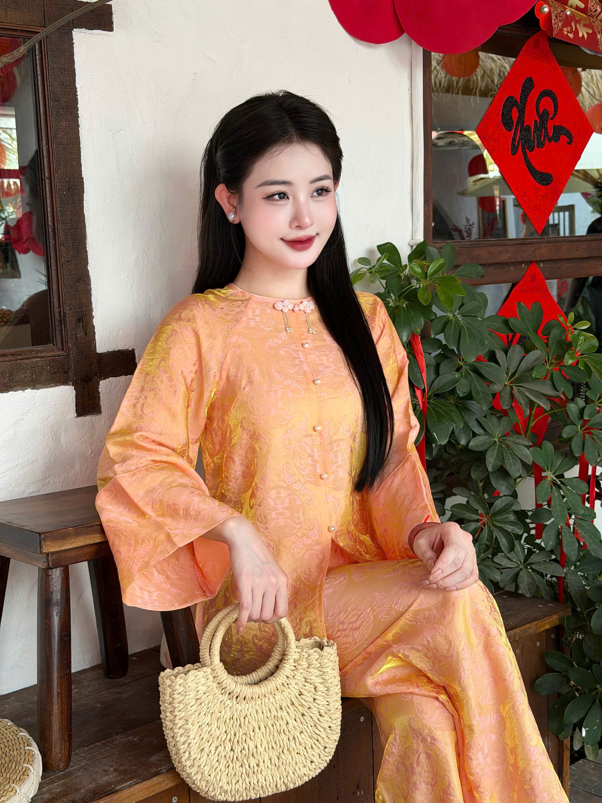 Bộ Cổ Tròn Cúc Nơ Tằm  Lụa Thọ Hồng Cánh Sen