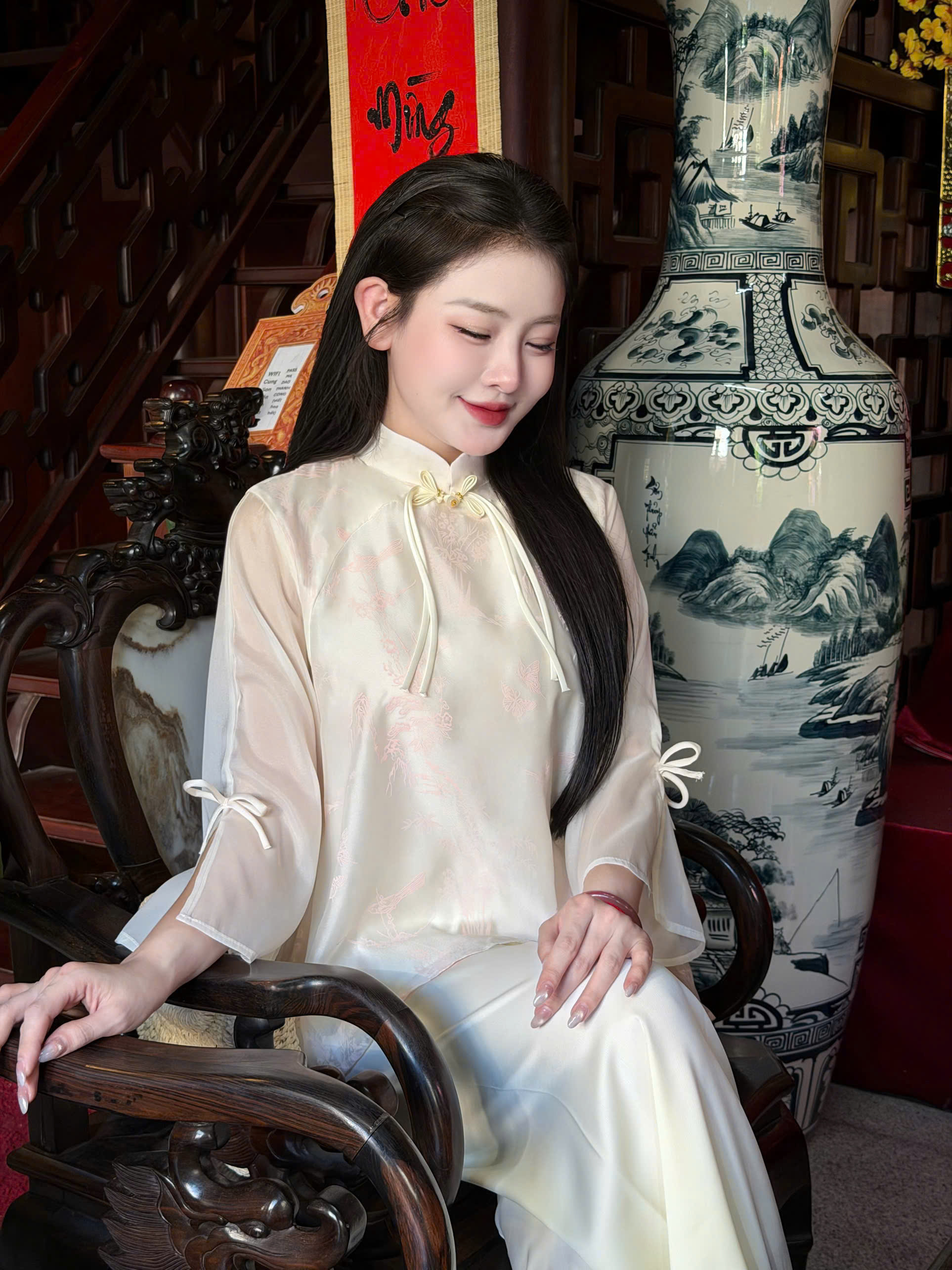 Bộ Cổ Tàu Dây Nơ Tơ Ngọc Trai Màu Be