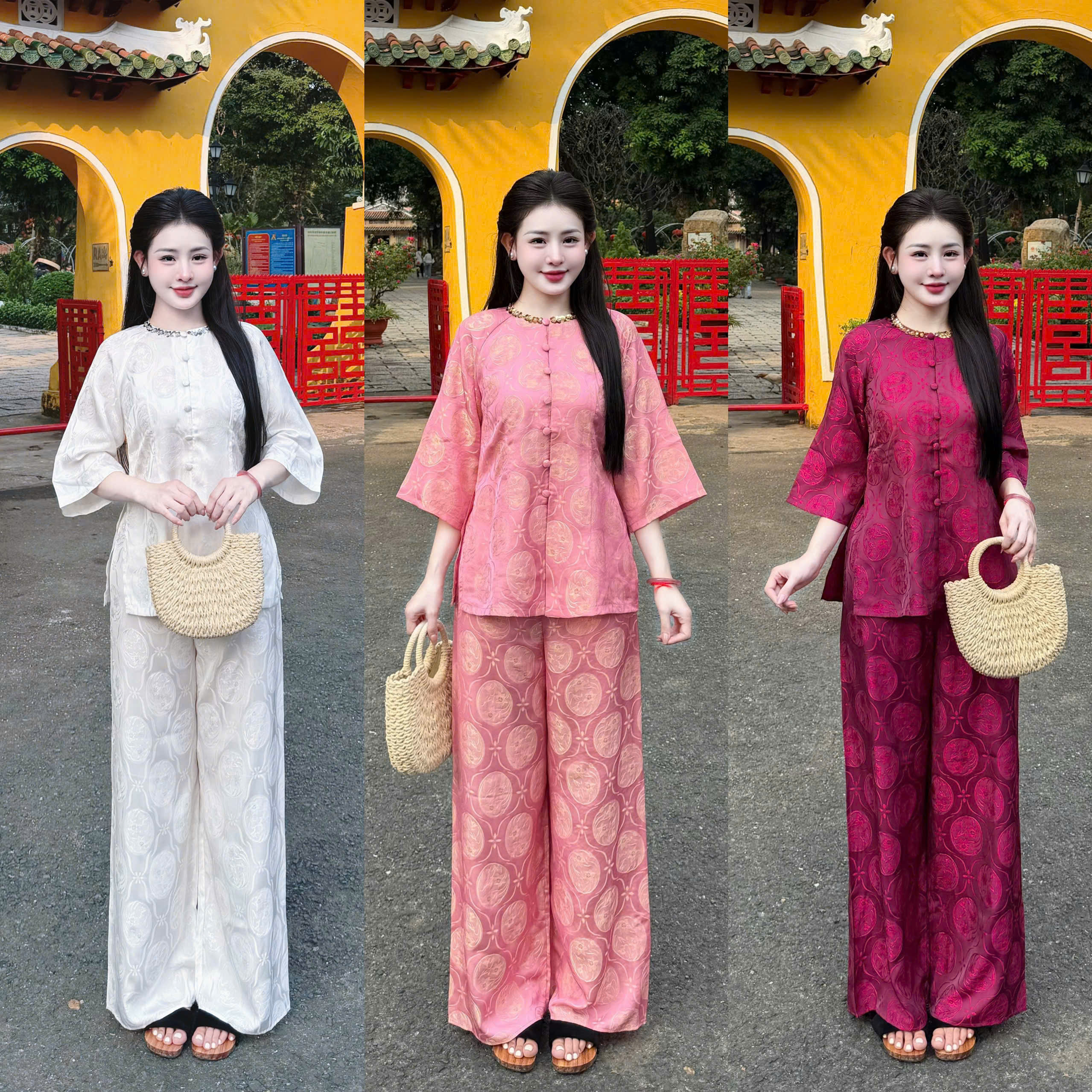Bộ Bà Ba Đính Cổ Kim Sa Lụa Tằm Hồng Cánh Sen