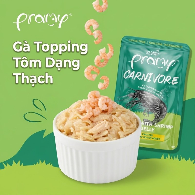 Pate Cho Mèo PRAMY CARNIVORE Vị Gà Topping Tôm Dạng Thạch Jelly 70g