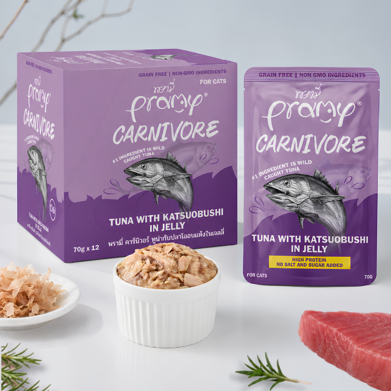 Pate Cho Mèo PRAMY CARNIVORE Vị Cá Ngừ Topping Cá Ngừ Bào Katsuobushi Dạng Thạch Jelly 70g