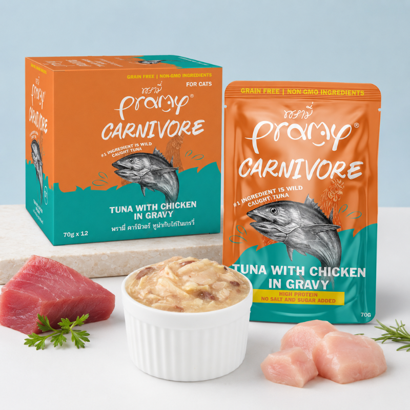 Pate Cho Mèo PRAMY CARNIVORE Vị Cá Ngừ Topping Thịt Gà Dạng Sốt Gravy 70g