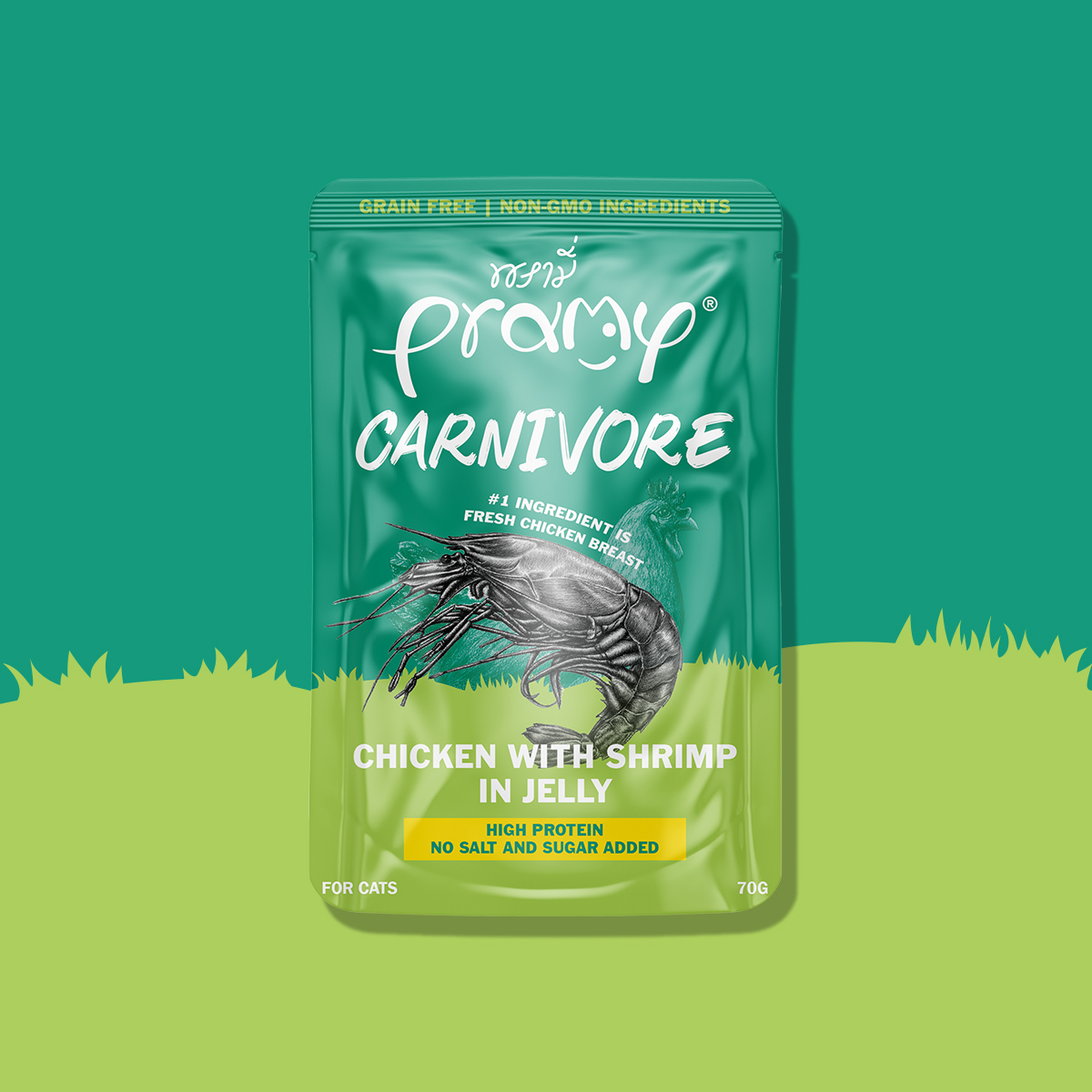 Pate Cho Mèo PRAMY CARNIVORE Vị Gà Topping Tôm Dạng Thạch Jelly 70g