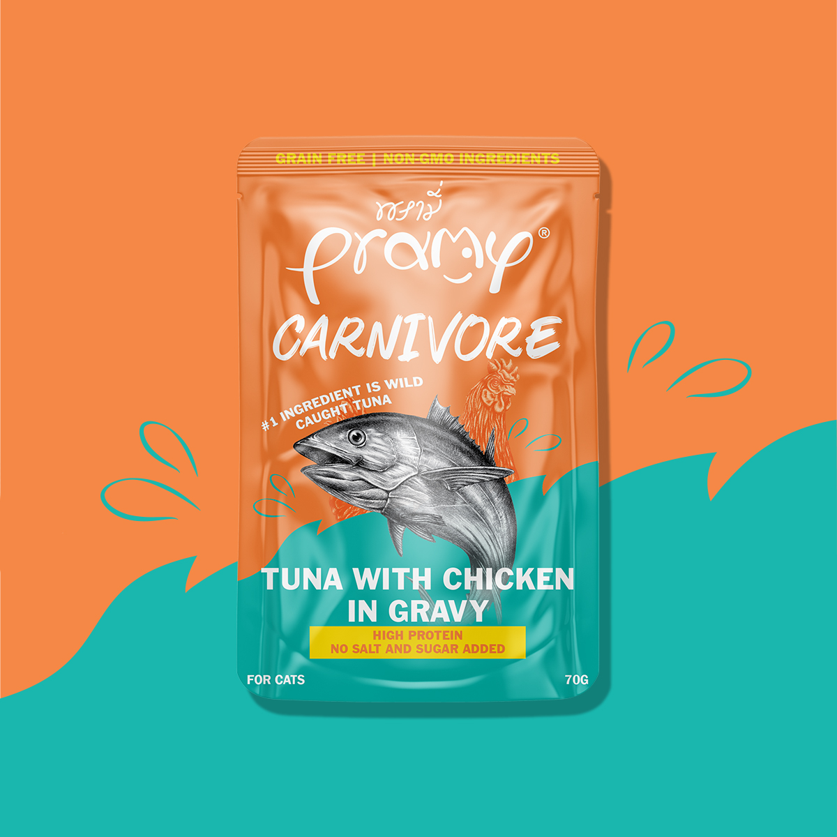 Pate Cho Mèo PRAMY CARNIVORE Vị Cá Ngừ Topping Thịt Gà Dạng Sốt Gravy 70g